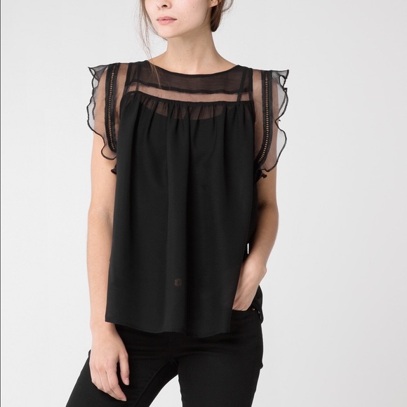 Mango Organza Appliqué Top Black XS/S - Picture 2 of 4